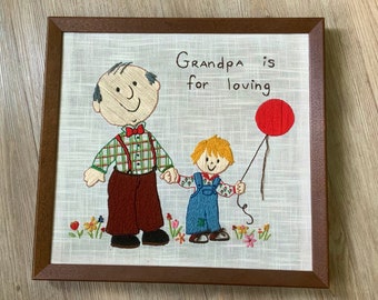 Vintage Grandpa Framed Crewel, Bucilla, Grandson, Wood Frame, Hand Embroidered, Grandpa is Love, Keepsake Gift, Grandfather Gift