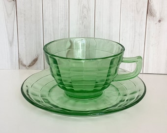 Vintage Green Depression Cup and Saucer,  Block Optic, Anchor Hocking, Vintage Kitchen, Farmhouse Kitchen, Vaseline, Uranium, 1930s