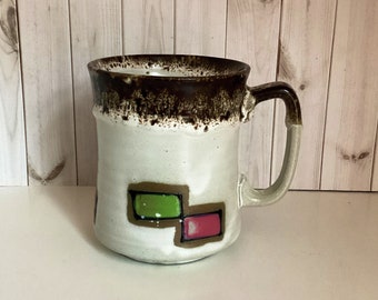 Vintage Stoneware Abstract Mug, Otagiri Style, Drip Glaze, Rectangles, Coffee Cup, Retro Kitchen, Japan, 1970s