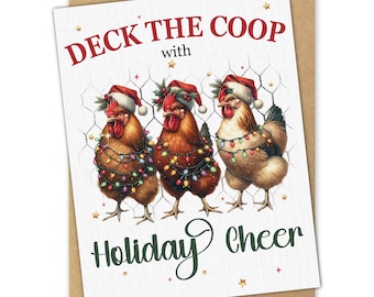 Deck the Coop Holiday Card, Printed on Linen Texture Cardstock, Funny Chicken Christmas Card, Farmhouse Holiday Cheer Blank Greeting Card