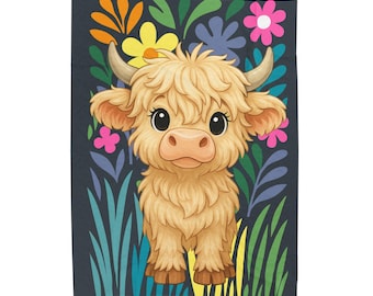 Highland Cow Throw Blanket, Cute Baby Cow Blanket for Kids or Farm Lovers, Floral Boho Cow Print New Baby Blanket Gift, Cozy Cow Farm Decor