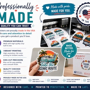 The image is a promotional advertisement for a company that makes stickers. It features a collage of images showcasing the quality and craftsmanship of the stickers, along with text highlighting the company's pride in making high-quality products.