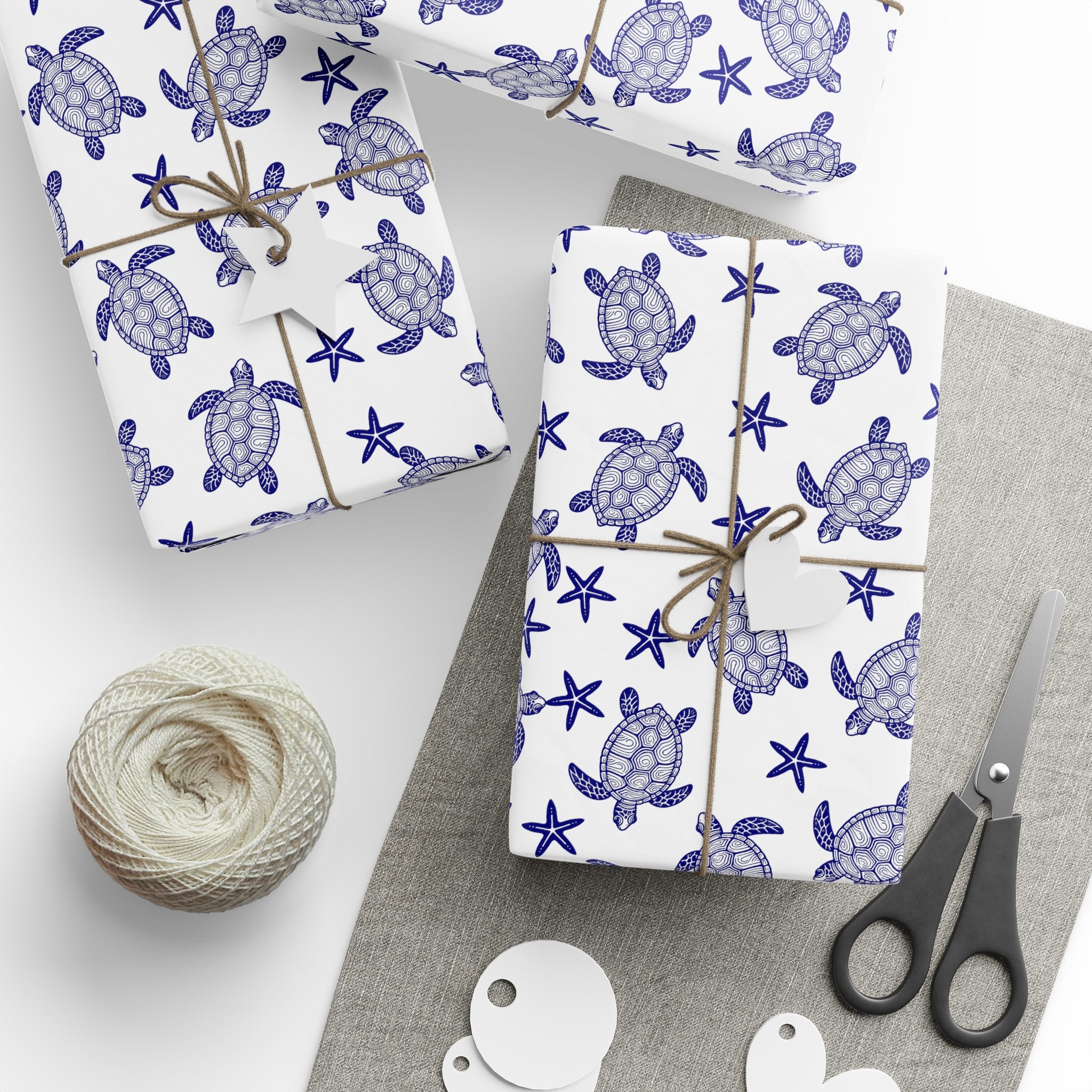 Sea Turtles & Starfish Gift Wrap Paper, Blue Ocean Theme Wrapping Paper ...