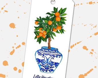 Personalized Gift Tags, Watercolor Orange Tree Delft Ginger Jar Thank You Tag, Wine Tag, Birthday Present Tag, Bridal Shower Tag Wedding Tag