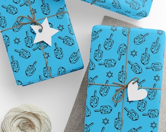 Hanukkah Gift Wrap Paper, Blue Dreidel Wrapping Sheet, Jewish Holiday Gift Wrap with Star of David, Chanukah Present Wrapping Paper