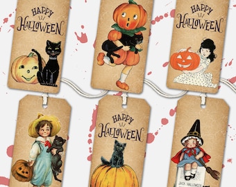 Vintage Halloween Favor Tags, Halloween Treat Bags Printed Tags, Cute Halloween Kids Black Cats, Happy Halloween Pumpkin, Halloween Gift Tag