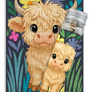 May include: A puzzle featuring a cute cartoon Highland cow with a floral background. The puzzle pieces are in a clear tube.