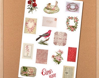 Pink & Red Vintage Ephemera Junk Journal Sticker Sheet, Phone Sticker, Planner Sticker, Laptop Sticker, Bridal Shower, Valentines Day Favors