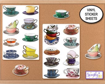 Teacup Sticker Sheet, Vintage Tea Cup Stickers, High Tea Party Stickers, Journal Stickers, Waterproof, Indoor Outdoor