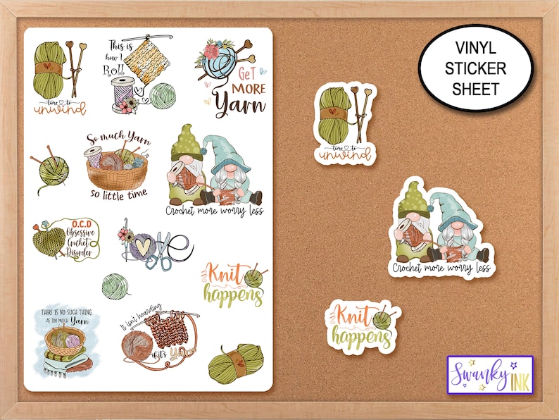 May include: A sheet of vinyl stickers featuring various designs related to knitting and crocheting. The stickers include gnomes, yarn balls, needles, and phrases like "Knit Happens" and "Crochet More Worry Less".