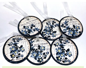 Delft Blue Round Junk Journal Tags, Bridal Shower Thank You Tag, Vintage Paper French Ephemera Hostess Gift Idea, Birthday Gift Tag Bookmark