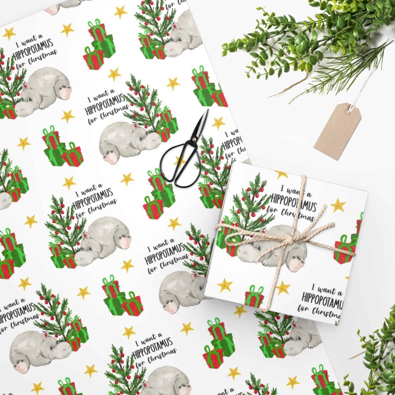 I Want A Hippopotamus for Christmas Gift Wrap, Funny Christmas Gift, Christmas Hippo, Whimsical Gift Wrapping Paper Roll, Cute Gift Wrap image 1