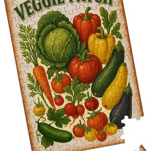 May include: A vintage-style jigsaw puzzle featuring a colorful assortment of vegetables, including tomatoes, carrots, cucumbers, peppers, and radishes. The puzzle is titled "Veggie Patch" and has a rustic, distressed background.