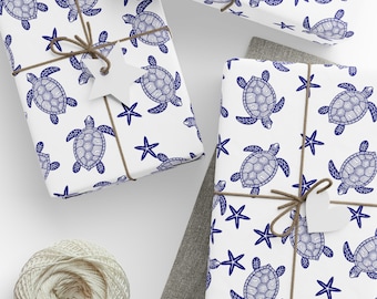 Sea Turtles & Starfish Gift Wrap Paper, Blue Ocean Theme Wrapping Paper Roll, Baby Shower Gift Wrap, Best Friend Gift Wrap, Anniversary Gift