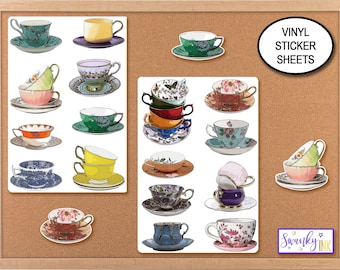 Teacup Sticker Sheet, Vintage Tea Cup Stickers, High Tea Party Stickers, Journal Stickers, Waterproof, Indoor Outdoor