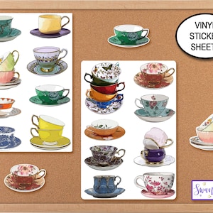 May include: A sheet of vinyl stickers featuring various designs of teacups and saucers. The stickers are arranged in rows on a white background. The text "VINYL STICKER SHEETS" is printed in black at the top of the sheet. The text "Swanky INK" is printed in purple at the bottom of the sheet.