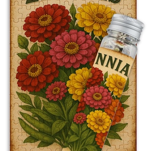 Zinnias 150 Pc Mini Puzzle in Test Tube, Micro Pieces Jigsaw Puzzle, Vintage Zinnia Flower Seed Packet Puzzle, Travel Puzzle Gift for Mom