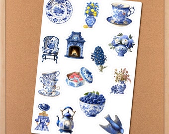 Delft Blue Sticker Sheet, Junk Journal Stickers, Phone Sticker, Planner Sticker, Laptop Sticker, Something Blue Wedding Bridal Shower Favors