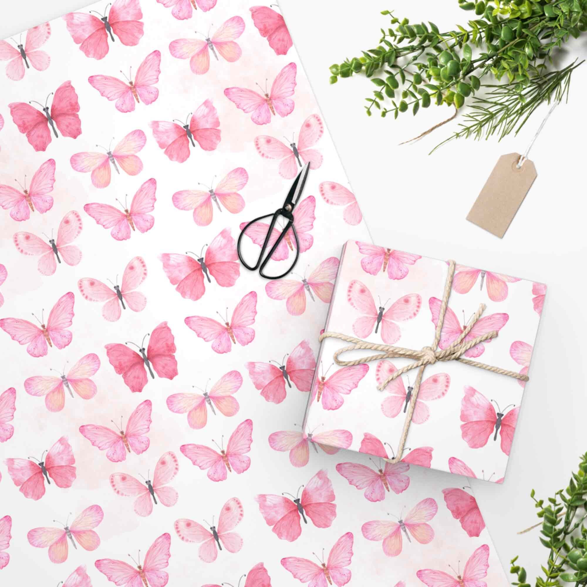 Pink Butterfly Gift Wrap Paper, Pink Wrapping Paper, Butterfly Birthday Party Gift, New Home