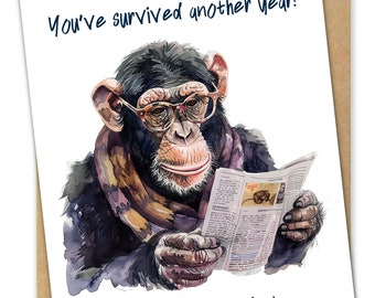 Monkey Happy Birthday Card, Chimp Greeting Card, Chimpanzee Reading Newspaper, Birthday Gift for Zookeeper, Handmade Card, Animal Lover Gift