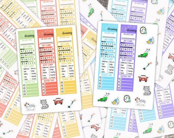 May include: A collection of rectangular planner sticker sheets featuring cleaning checklists with the text Let's Get Cleaning. Each sheet includes daily and weekly task trackers, household task lists, and small illustrations of a cat, car, lawnmower, and cleaning supplies in various pastel colors.