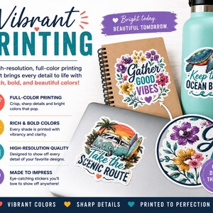 The image is an advertisement for vibrant printing, showcasing various designs and products such as stickers, a notebook, and a water bottle.