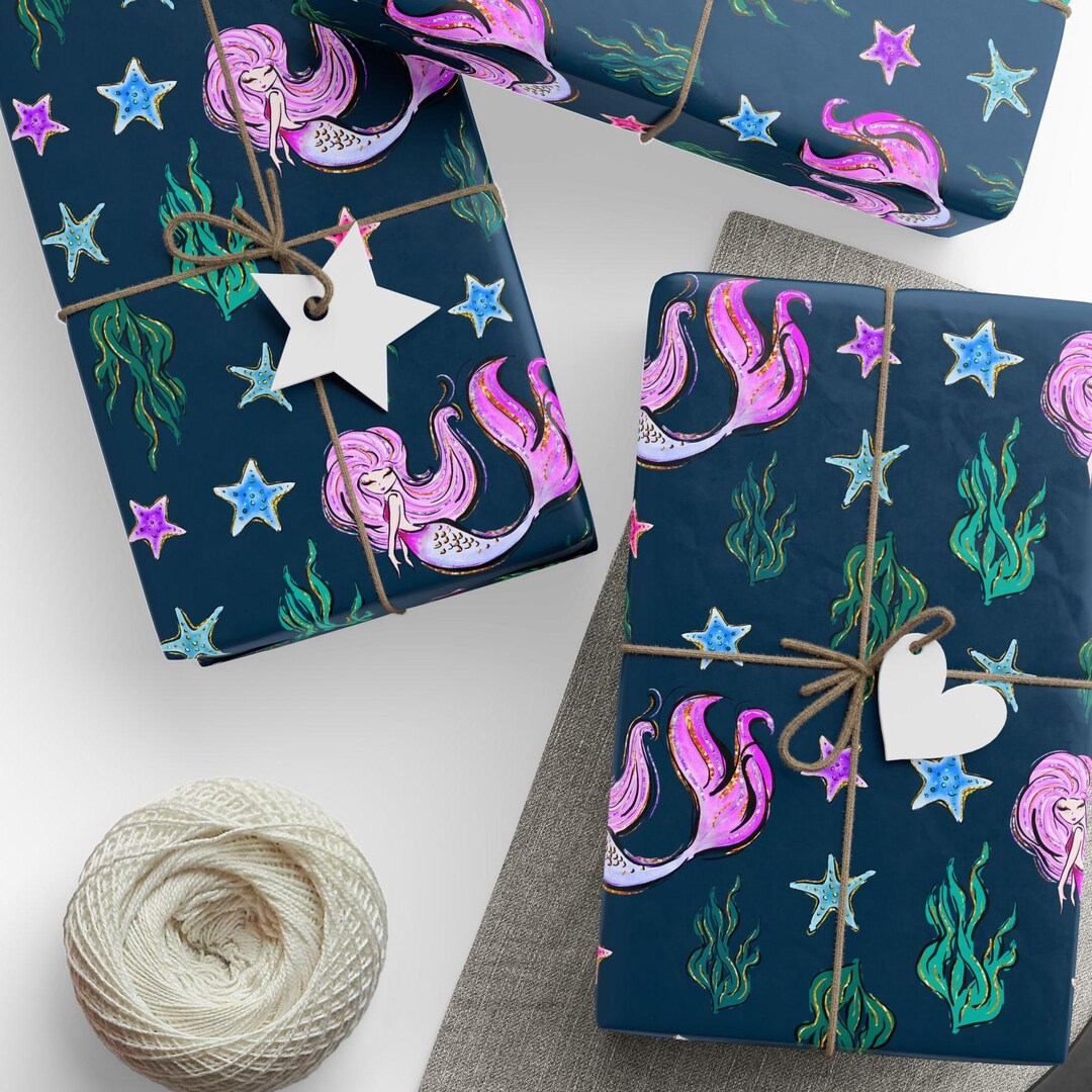 Ocean Wrapped Box Mermaid Gift Wrap, Under the Sea Birthday Wrapping Paper, Ocean Party ...