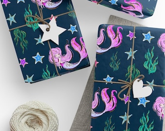 Mermaid Gift Wrap, Under the Sea Birthday Wrapping Paper, Ocean Party Supplies for Kids, Nautical Themed Present Wrap, Starfish Beach Wrap