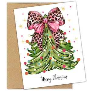 Leopard Print Bow Christmas Tree Card, Pink Coquette Holiday Greeting, Festive Merry Christmas Card, Stylish Animal Print Xmas Holiday Card