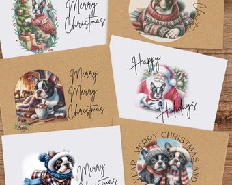 Boston Terrier Christmas Card Set - Holiday Greeting Card Blank Inside