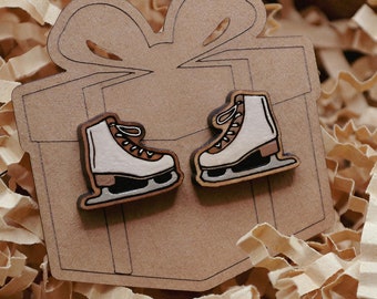 Ice Skate Stud Earrings - Handmade - Handpainted - Wood Jewelry
