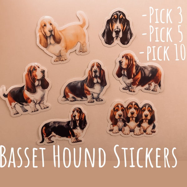 Basset Hound Sticker Set - Pick 3, 5, or 10 - Matte or Gloss Finish -  Free Shipping
