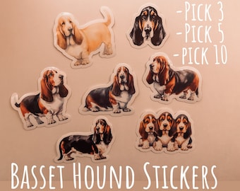 Basset Hound Sticker Set - Pick 3, 5, or 10 - Matte or Gloss Finish -  Free Shipping