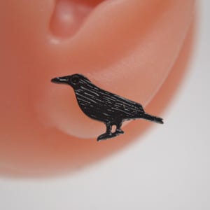 Black Crow Stud Earrings - Small Subtle Delicate Metal Bird