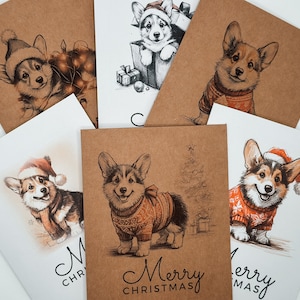 Sketched Corgi Christmas Card Set of 6 or 12 - Holiday Greeting Card Blank Inside Dog Puppy