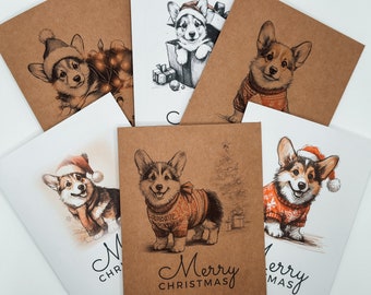 May include: Set of six Christmas cards featuring illustrations of Corgi dogs wearing Santa hats and sweaters. The cards have a brown paper background and the text "Merry Christmas" is printed on the bottom of the cards.