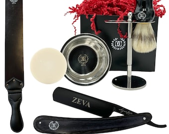 Straight Razor Shaving Kit: Carbon Steel Razor, Badger Brush, Sandalwood Soap