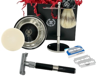 Kit da barba con rasoio di sicurezza: acciaio inossidabile, pennello in tasso, ciotola e supporto