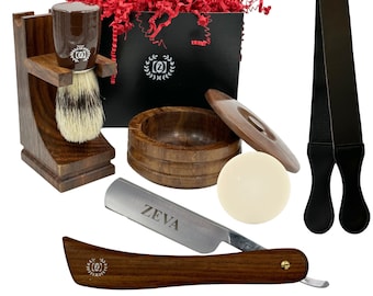Straight Edge Razor Gift Set: Wooden Handle, Leather Strop, Shave Soap