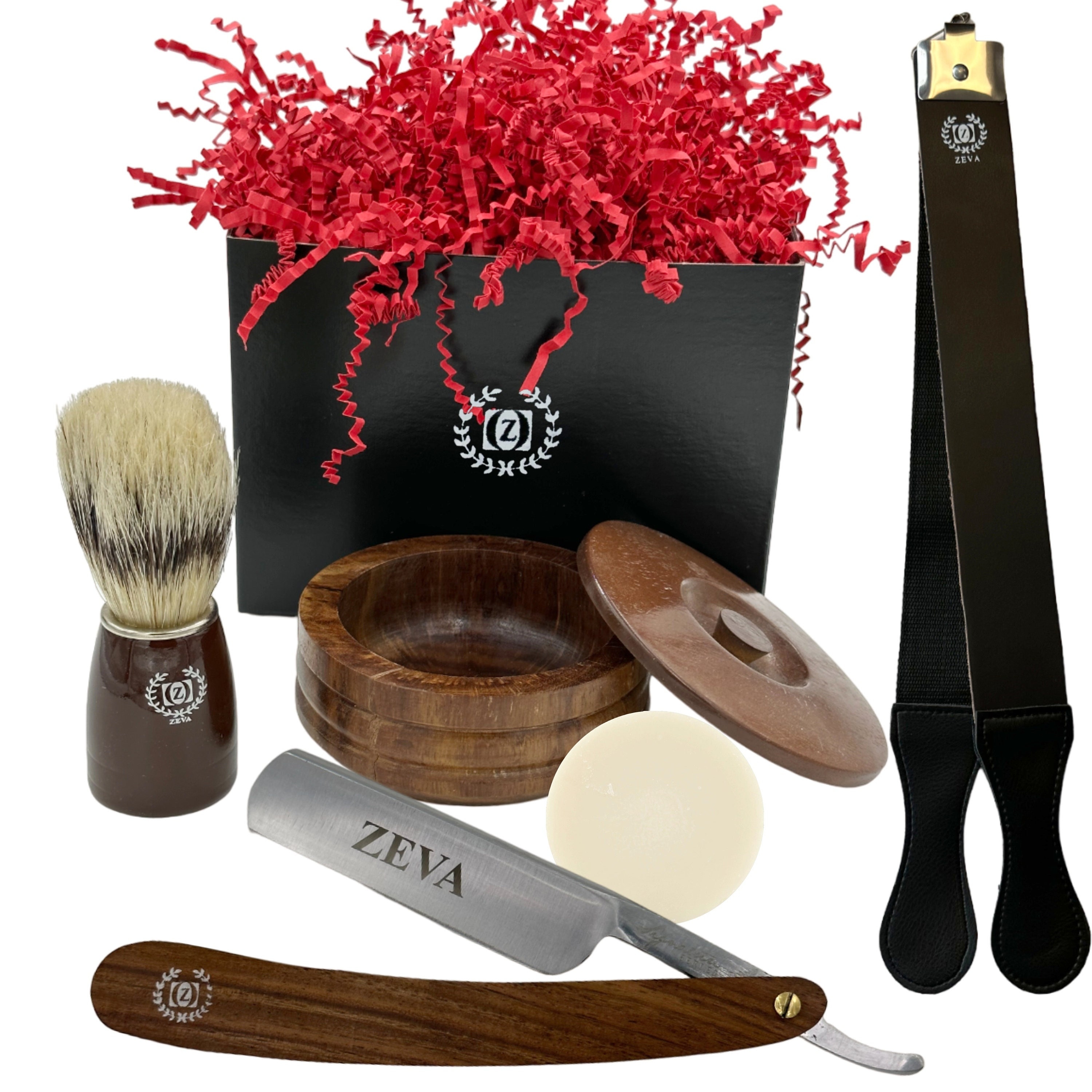 Wooden Straight Razor Shave Kit: Sandalwood Soap, Badger Brush, Leather Strop