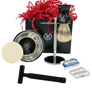 Juego de maquinilla de afeitar de seguridad vintage, kit de afeitado clásico, maquinilla de afeitar para hombre, regalo de afeitado, regalo de padrinos, cepillo de afeitar de tejón premium, cuchillas de acabado mate negro