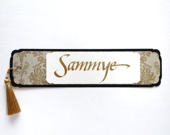 Personalized Calligraphy Bookmark, Hand-lettered, Yellow or white gold gilded calligraphy on specialty paper with tassel, a gift or for you!