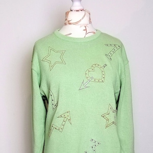 Vintage 90s Embroidered Cotton Knit Sweater - Pistachio Green Boho Top