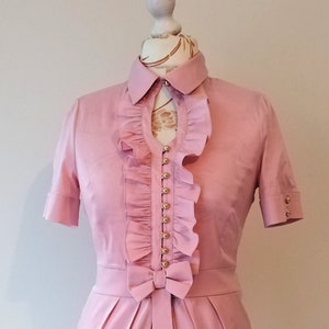 Vintage Powder Pink Blouse Top Ruffled Blouse for Women Pal Rose Pink Short Sleeve Ruffle Shirt Strech Top Size S/M Vintage clothing Women