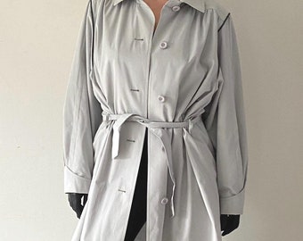 Vintage Gray Belted Trench Coat, 90s A-Line, Size Medium