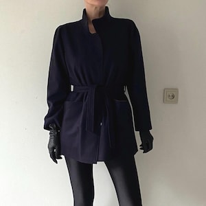 Vintage Wool Belted Blazer Jacket: 90s Blue Overcoat, Size Small