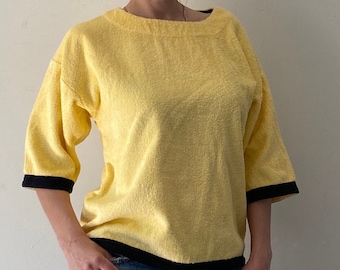 Vintage Yellow Terry Cloth Shirt: Oversized Cotton Velour Top (Size Small-M)