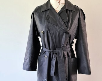 Vintage 80s Black Belted Trench Coat: Oversized Double Breasted, Size Small