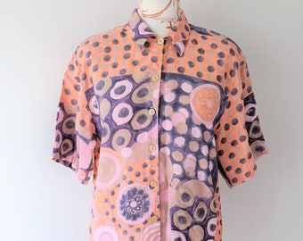 Vintage Abstract Print Button Front Short Sleeve Blouse Shirt Women Size Medium Summer Blouse Shirt Vintage Clothing Women