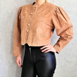 Vintage Suede Leather Blazer Jacket Size Medium Crop Jacket Women Puffy Sleeve Cropped Button Up Boho Jacket Vintage clothing Women